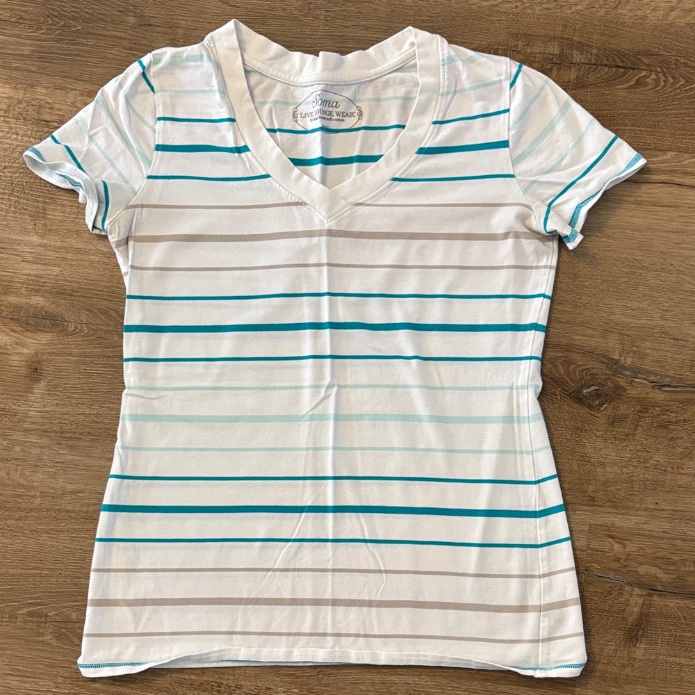 Soma White and Blue Striped V-Neck Tee